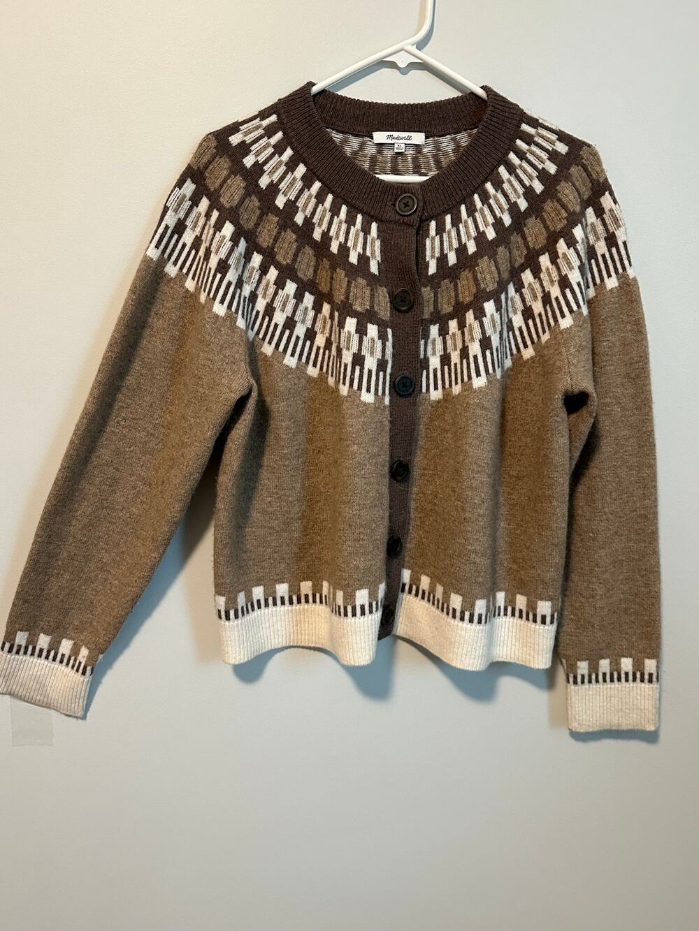 Madewell XL Fair Isle Cardigan Sweater Brown Cream Nordic Grandpa Coastal Cozy